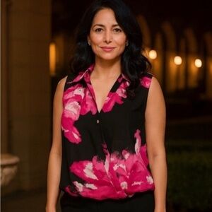 INC Faux Wrap Sleeveless Blouse – Black & Pink Floral | Petite Large (PL) EUC